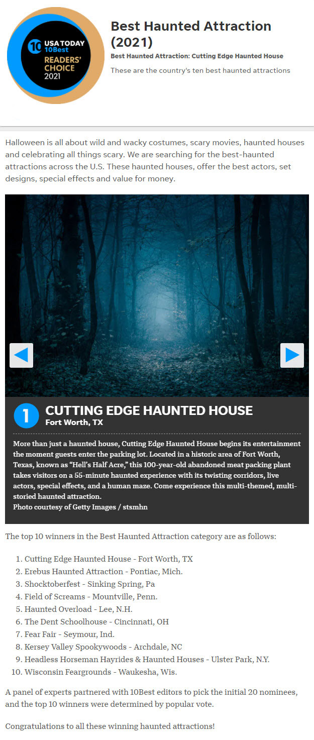 Cutting Edge Haunted House in Fort Worth, Texas Voted the #1 Best Haunted Attraction in the USA in 2021 by USA Today Reader's Choice!